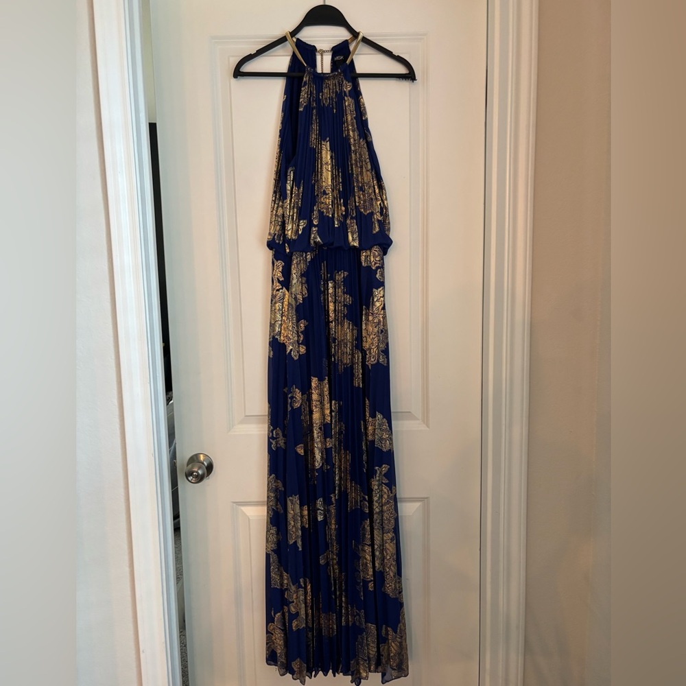 Formal unique evening dress. Royal blue with gold.